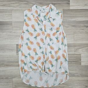 Beach Lunch Lounge Womens White Pineapple Button Down Tank Knotted Small Petite